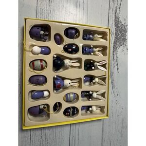 20 Piece Wooden Wood Mini Easter Tree Ornaments Eggs Bunnies Birds Vintage